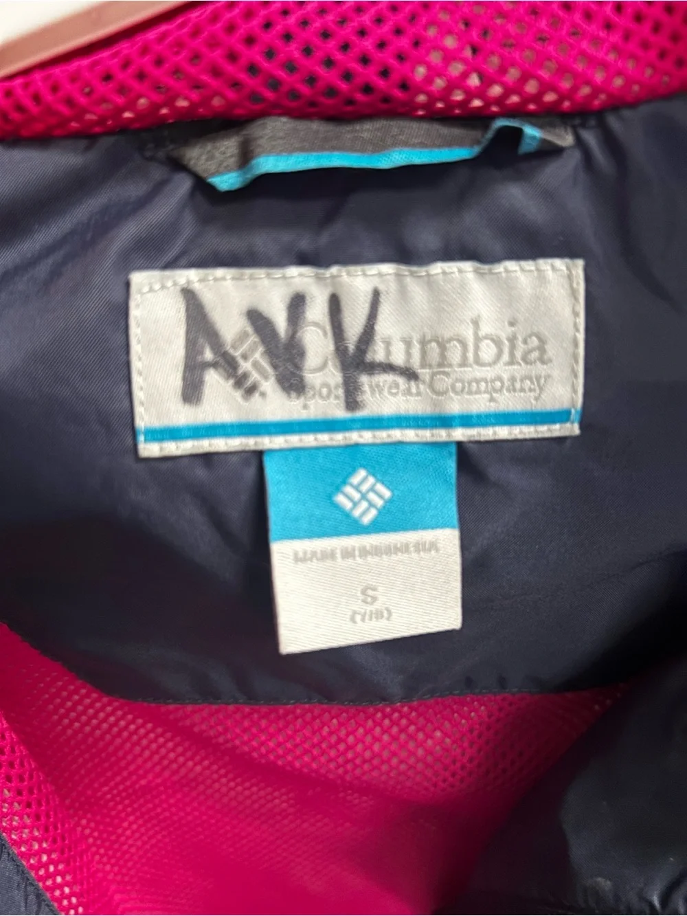 Columbia girls  Navy Waterproof Rain Jacket with Pink Mesh Lining w/ hoodie Sz S